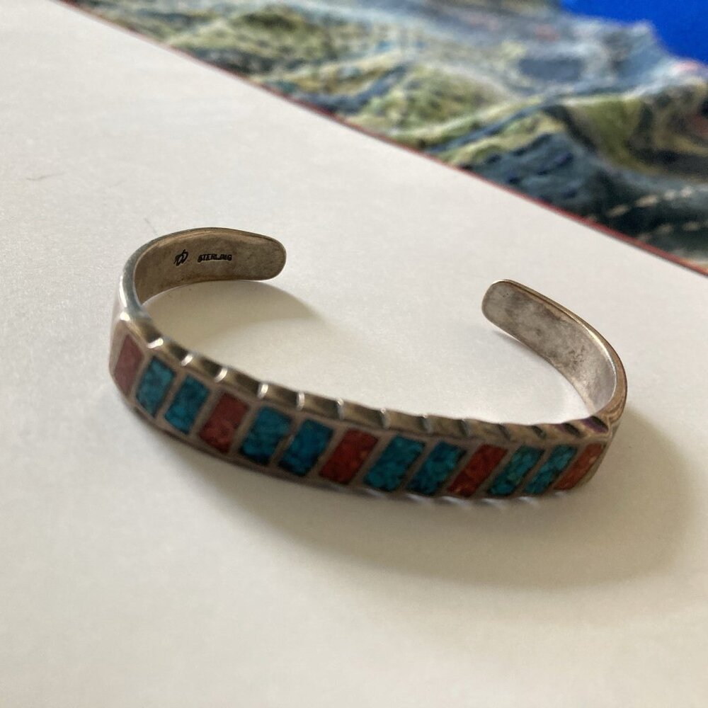 Vintage Navajo 925 Sterling Silver Coral & Turquoise Inlay Cuff Bracelet Signed